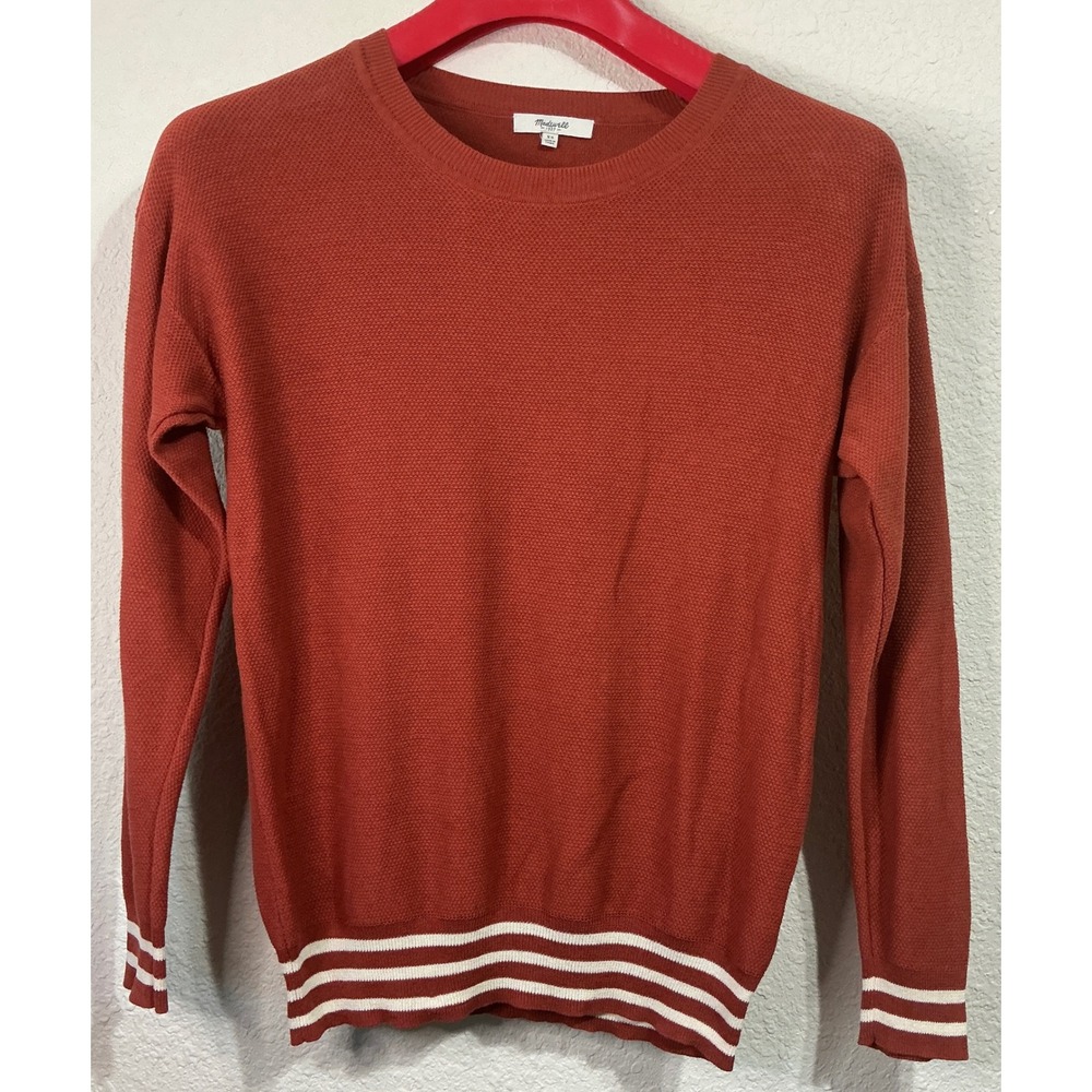 Madewell Women's XS Rust Orange Cotton Striped Trim Crewneck Preppy Collegiate